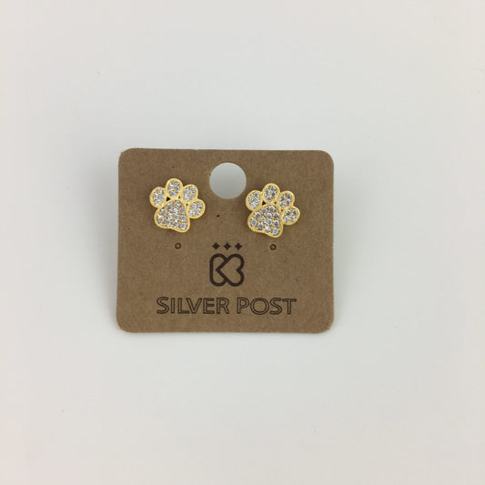 Gold Tiger Paw Print Studs with Clear Rhinestones