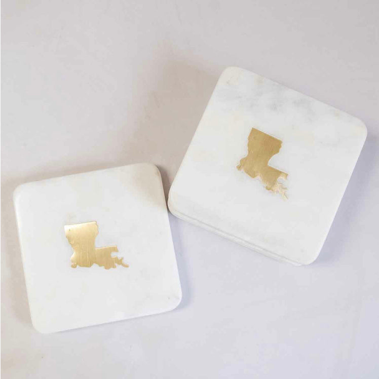 Louisiana Marble Coasters White/Brass 4x4 (Local Pick-Up Only)